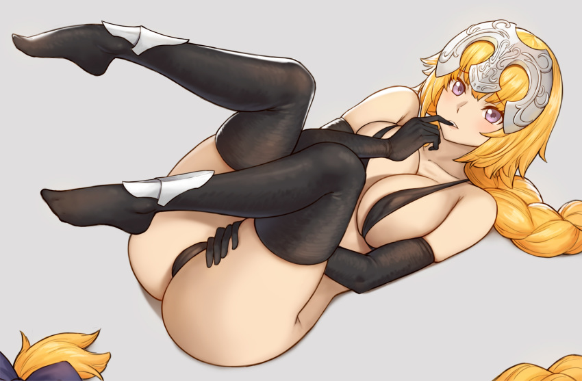 1girl absurdly_long_hair alternate_eye_color bangs bare_shoulders black_bra black_gloves black_legwear black_panties blonde_hair blush bra braid breasts collarbone commentary_request eyebrows_visible_through_hair fate/apocrypha fate_(series) feet finger_to_mouth gloves grey_background headpiece highres jeanne_d'arc_(fate) jeanne_d'arc_(fate)_(all) knees_up large_breasts long_braid long_hair looking_at_viewer lying no_shoes on_back panties parted_lips pink_eyes revision simple_background single_braid solo thighhighs tsuki_suigetsu underwear very_long_hair