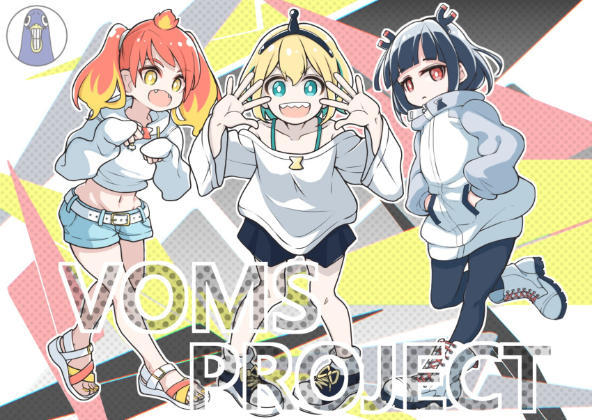 3girls :d amano_pikamee ankle_boots black_hair black_skirt blonde_hair boots bright_pupils closed_mouth copyright_name fangs green_hair grey_footwear hairband halftone hands_in_pockets hands_up highres hikasa_tomoshika hood hood_down hoodie jitome jitomi_monoe long_sleeves looking_at_viewer multicolored_hair multiple_girls navel nyankoro open_mouth pants pleated_skirt red_hair sandals short_shorts shorts skirt smile standing sweater toenail_polish twintails two-tone_hair voms white_sweater yellow_eyes