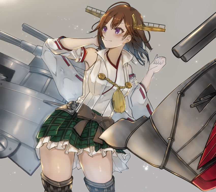 1girl boots brown_hair commentary_request cowboy_shot detached_sleeves flipped_hair green_skirt grey_background hairband headgear hiei_(kantai_collection) highres japanese_clothes kantai_collection leaning_to_the_side looking_up machinery plaid plaid_skirt popped_collar purple_eyes remodel_(kantai_collection) ribbon-trimmed_sleeves ribbon_trim short_hair simple_background skirt solo standing taki_rentaro thigh_boots thighhighs