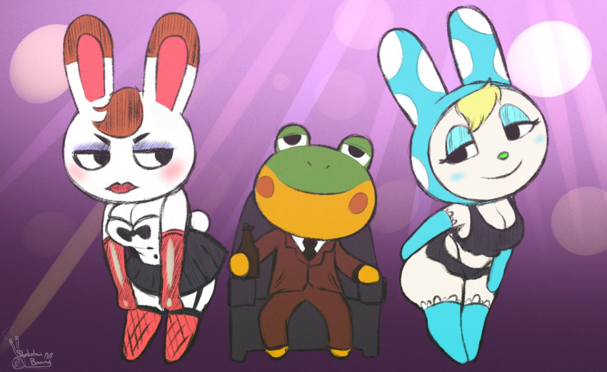 amphibian animal_crossing anthro armwear beverage big_breasts blonde_hair blush bottomwear bow_tie breasts brown_hair cleavage clothed clothing corset crop_top dipstick_ears elbow_gloves eyeshadow featureless_(disambiguation) female fishnet fishnet_legwear francine_(animal_crossing) frog fur garter_straps gloves green_nose group hair handwear henry_(animal_crossing) holding_beverage holding_object lagomorph legwear leporid lingerie lipstick makeup male mammal midriff miniskirt multicolored_ears necktie nintendo rabbit red_lipstick shakotanbunny shirt signature skirt smile stockings suit thong tiffany_(animal_crossing) topwear underwear video_games white_body white_fur wide_hips