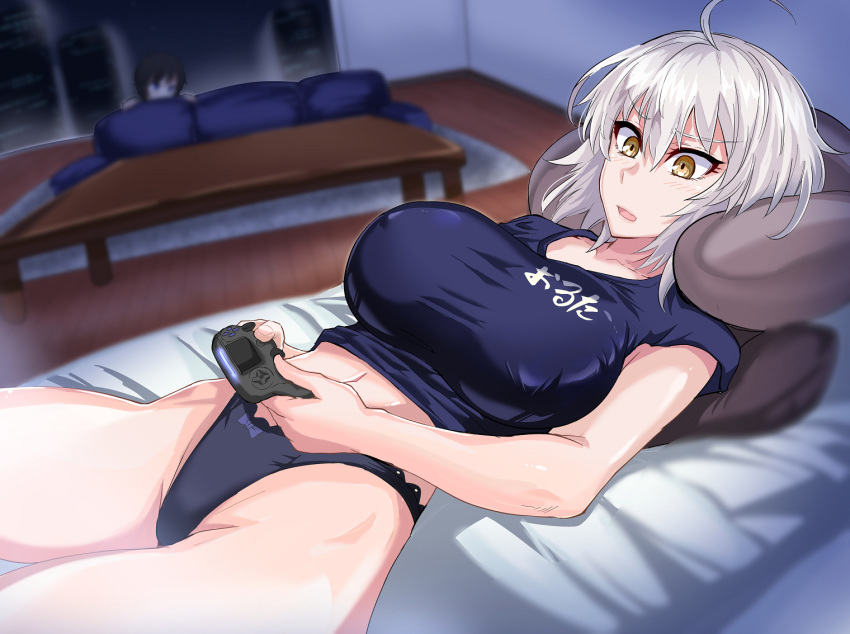 1boy 1girl ahoge bed black_panties black_shirt blue_shirt blurry breasts coffee_table controller covered_nipples depth_of_field fate/grand_order fate_(series) game_console game_controller hair_between_eyes jeanne_d'arc_(alter)_(fate) jeanne_d'arc_(fate)_(all) jet_(pw3234) large_breasts lying on_back open_mouth panties playstation_4 shirt short_hair silver_hair sony t-shirt table underwear yellow_eyes