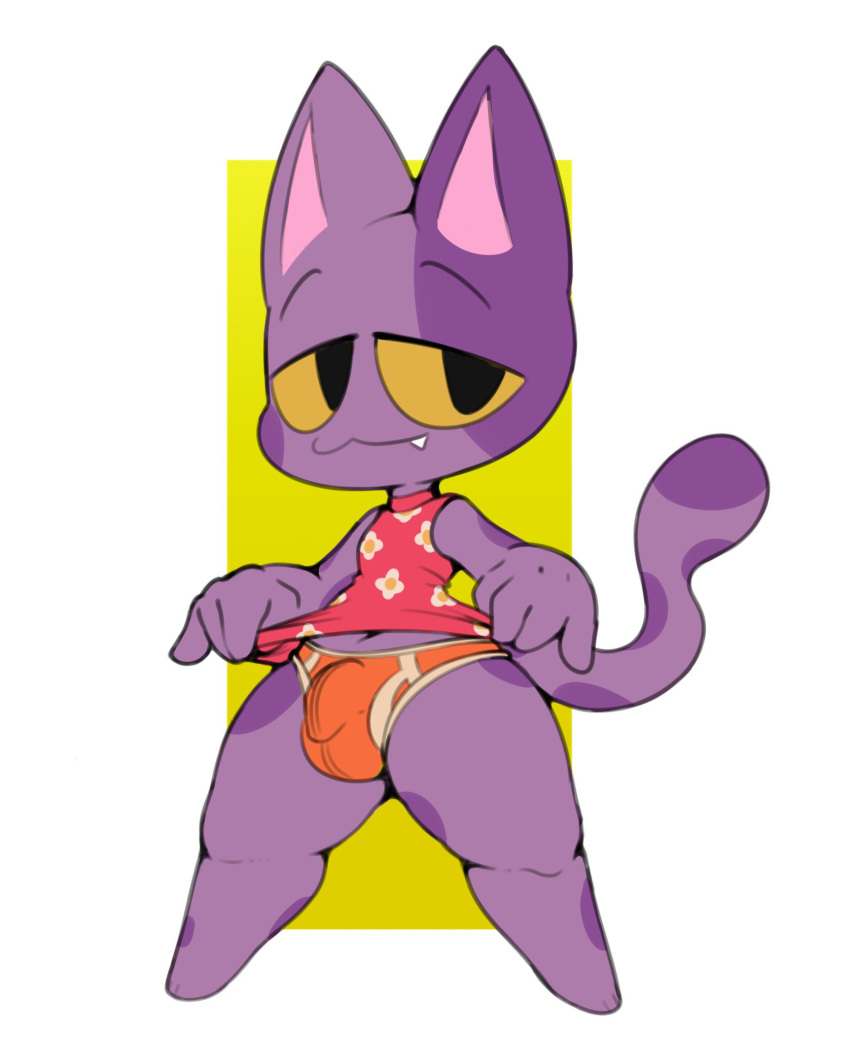 2020 animal_crossing anthro bob_(animal_crossing) briefs bulge ciavs clothed clothing clothing_lift cute_fangs domestic_cat felid feline felis flaccid floral_print fur genitals half-closed_eyes hi_res male mammal narrowed_eyes nintendo penis pink_inner_ear purple_body purple_fur shirt shirt_lift solo standing thick_thighs topwear underwear video_games yellow_eyes