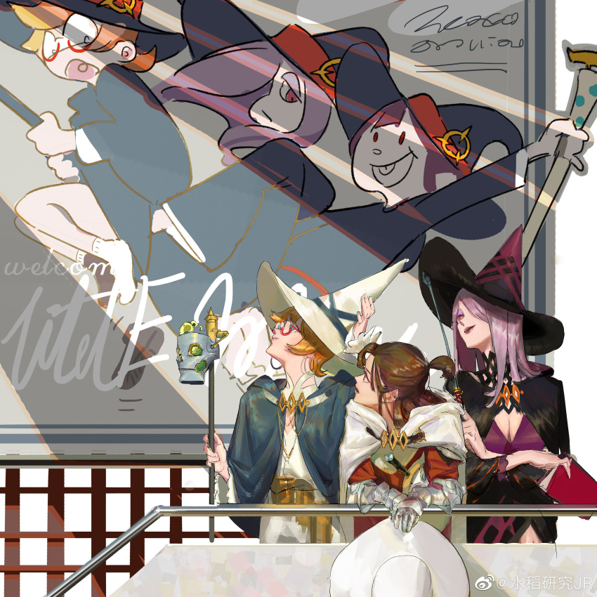 3girls absurdres billboard broom broom_riding broom_surfing cloak hat highres kagari_atsuko little_witch_academia lotte_jansson magical_girl multiple_girls sucy_manbavaran wand weibo_logo weibo_username white_background wizard_hat