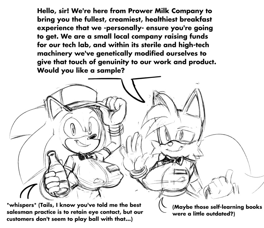 anthro big_breasts breasts crossgender dialogue duo english_text female greeting hi_res huge_breasts miles_prower missphase monochrome nipple_outline simple_background sketch sonic_the_hedgehog sonic_the_hedgehog_(series) text