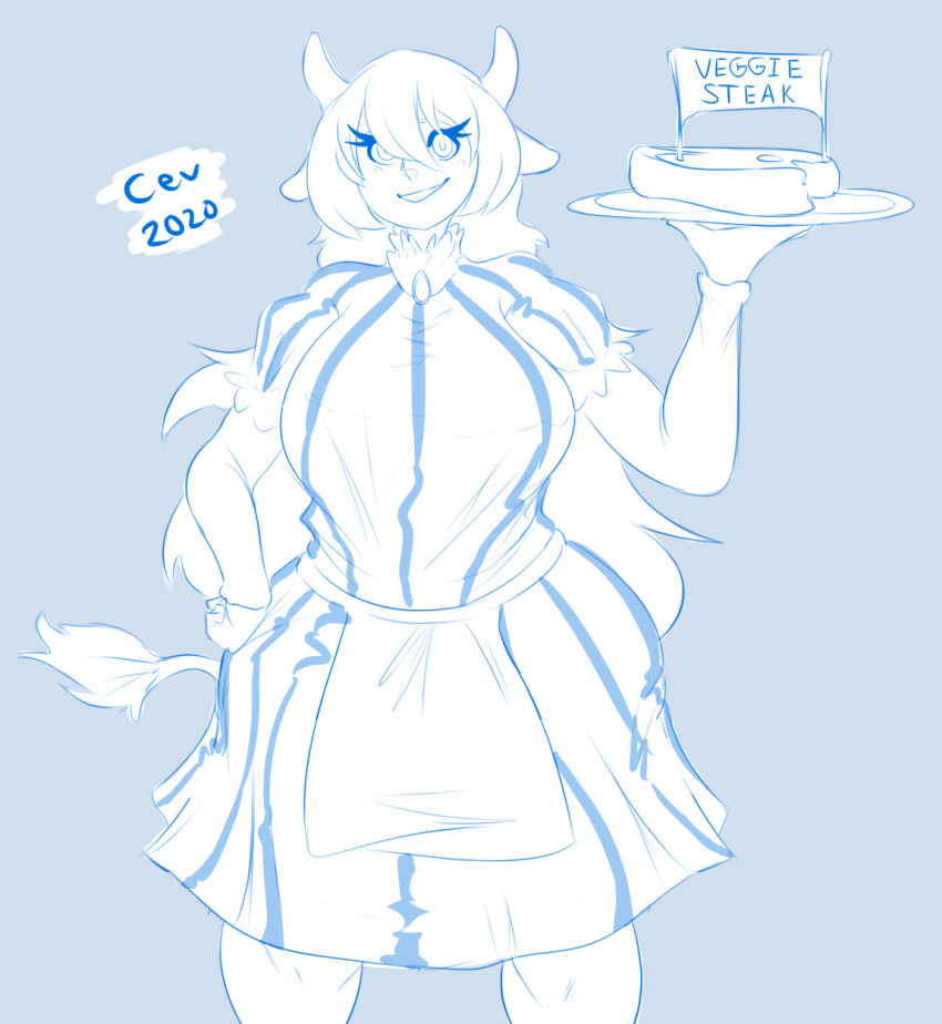 2020 animal_humanoid apron beef big_breasts blue_and_white bovid bovid_humanoid bovine bovine_humanoid breasts cattle cattle_humanoid cev clothed clothing costume english_text fast_food female food hi_res holding_object horn humanoid mammal mammal_humanoid meat monochrome sketch smile solo steak text thick_thighs wendy's_girl wendy's_old_fashioned_hamburgers wide_hips