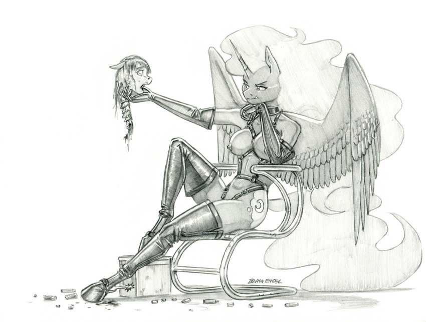 anthro anthrofied armwear baron_engel boots breasts clothing collar cutie_mark decapitation elbow_gloves equid equine erect_nipples female footwear friendship_is_magic gloves gore greyscale handwear harness horn legwear mammal monochrome my_little_pony nightmare_moon_(mlp) nipples nude shell_(projectile) simple_background sitting smile smirk solo spread_wings thigh_boots thigh_highs white_background winged_unicorn wings