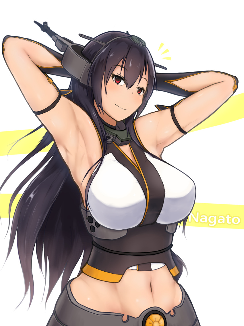 1girl abs arm_strap armpits arms_behind_head arms_up bangs bare_shoulders black_gloves black_hair blush breasts character_name collar commentary_request corset crop_top elbow_gloves eyebrows_visible_through_hair fuu_(fuu_18) gloves groin hair_between_eyes headgear highres kantai_collection large_breasts long_hair looking_at_viewer midriff nagato_(kantai_collection) navel notice_lines red_eyes sakuramon shirt sidelocks simple_background sleeveless sleeveless_shirt smile solo standing two-tone_background upper_body white_background white_shirt yellow_background