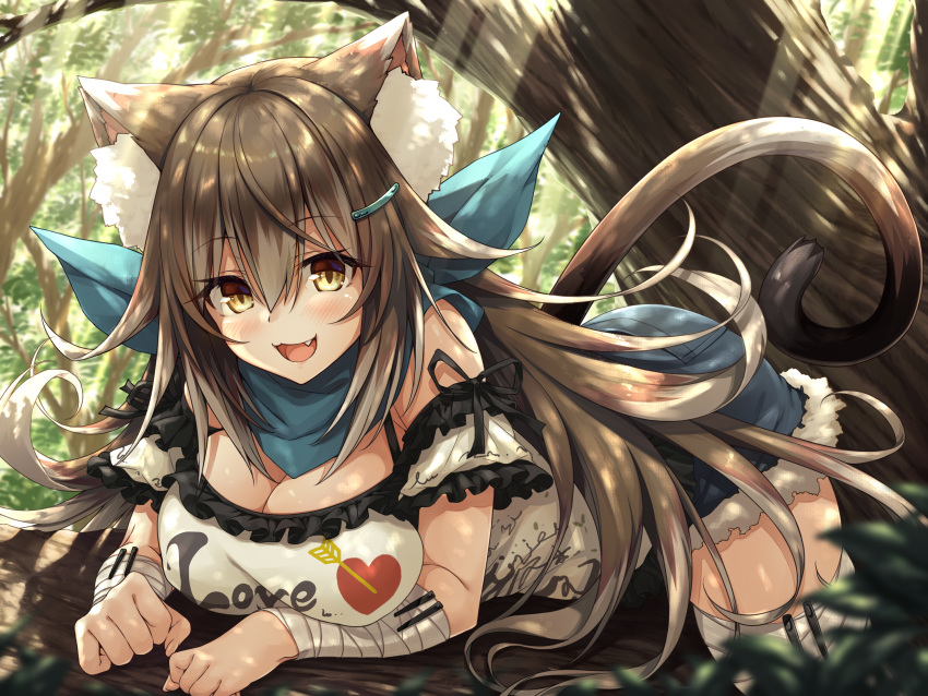 1girl animal_ears bandages black_frills blue_legwear blue_neckwear blue_shorts blush breasts brown_hair cat_ears cleavage cutoffs denim denim_shorts eyebrows_visible_through_hair fang hair_ornament hairclip hasumi_(hasubatake39) heart highres in_tree large_breasts leaf light_rays long_hair looking_at_viewer multicolored_hair neckerchief off-shoulder_shirt off_shoulder original shirt short_sleeves shorts sitting sitting_in_tree smile solo streaked_hair sunbeam sunlight tree two-tone_hair very_long_hair yellow_eyes