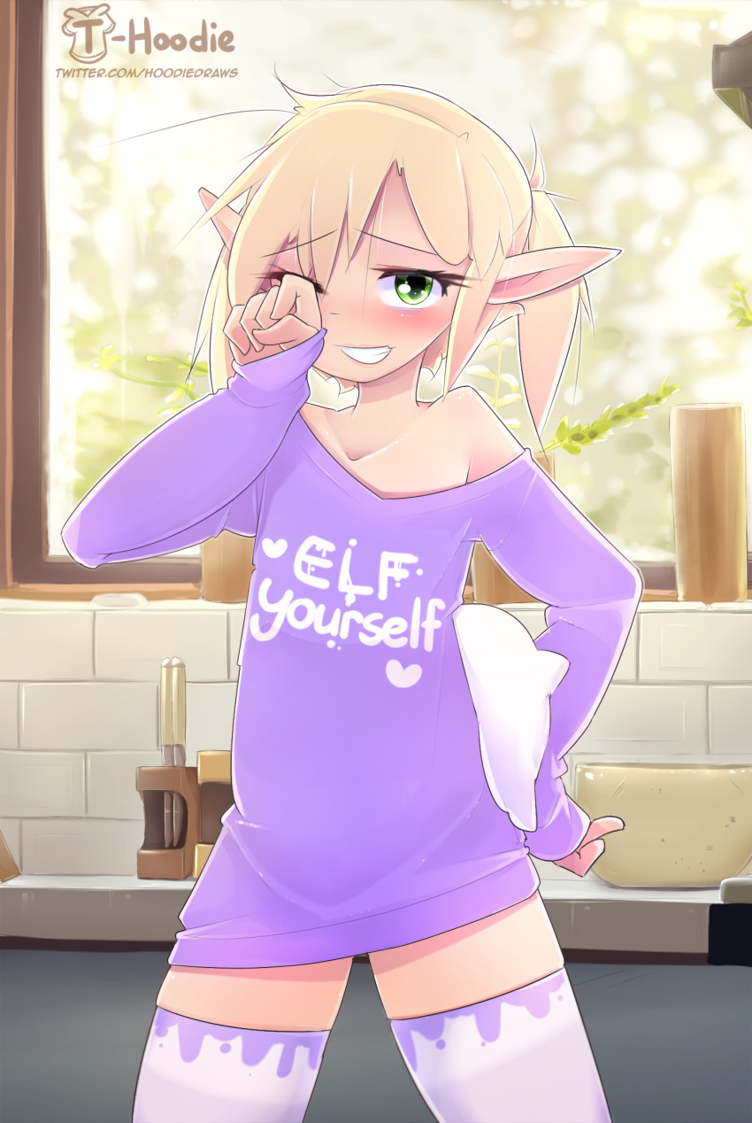 blonde_hair blush clothing detailed_background elf english_text green_eyes hair hand_on_hip hi_res hoodie_(artist) humanoid legwear looking_at_viewer male max_(hoodie) messy_hair pillow shirt signature smile solo standing text text_on_clothing text_on_shirt thigh_highs topwear url