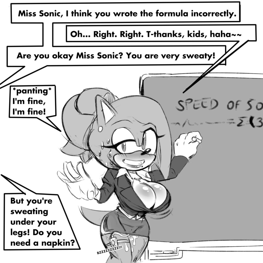 1:1 anthro big_breasts blush bodily_fluids breasts classroom cleavage clothed clothing crossgender dialogue english_text female genital_fluids hi_res huge_breasts lipstick makeup missphase monochrome pussy_juice school sex_toy sonic_the_hedgehog sonic_the_hedgehog_(series) speech_bubble stealth_masturbation sweat teacher text vibrator