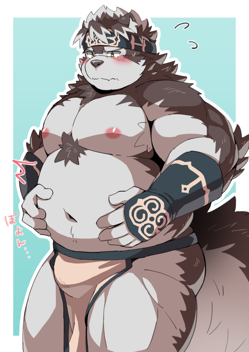 2020 absurd_res anthro belly blush bulge canid canine canis clothing hi_res horkeukamui humanoid_hands kemono loincloth male mammal moobs navel nipples overweight overweight_male ptcmtr solo tokyo_afterschool_summoners video_games wolf