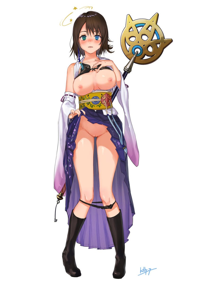 1girl areolae artist_name bangs black_bra black_footwear black_panties blue_eyes blush boots bra bra_lift bracelet breasts breasts_outside brown_hair clothes_lift collarbone confused detached_sleeves eyebrows_visible_through_hair final_fantasy final_fantasy_x front-tie_bra full_body green_eyes groin hakama hakama_lift hakama_skirt hand_on_own_chest hand_up heterochromia highres japanese_clothes jewelry killy_doodle legs_apart lifted_by_self long_sleeves looking_at_viewer medium_breasts nipples nose_blush obi open_clothes open_mouth panties panty_pull pigeon-toed pinky_ring purple_hakama pussy ribbon-trimmed_sleeves ribbon_trim ring sash short_hair simple_background single_bare_shoulder solo staff standing star thighs unaligned_breasts uncensored underwear white_background wide_sleeves yuna_(ff10)