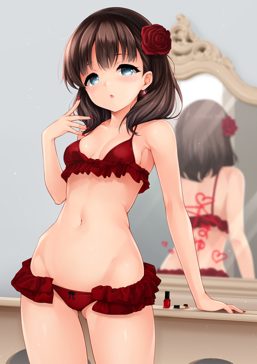 1girl :o ai_ai_gasa arm_support bare_shoulders blue_eyes blush bow bow_panties bra breasts brown_hair commentary cowboy_shot earrings flower frilled_bra frilled_panties frills hair_flower hair_ornament hairband harino646 heart highres idolmaster idolmaster_cinderella_girls jewelry lingerie medium_hair mirror nail_polish nail_polish_bottle navel panties parted_lips red_bra red_nails red_panties reflection rose sakuma_mayu small_breasts solo underwear underwear_only