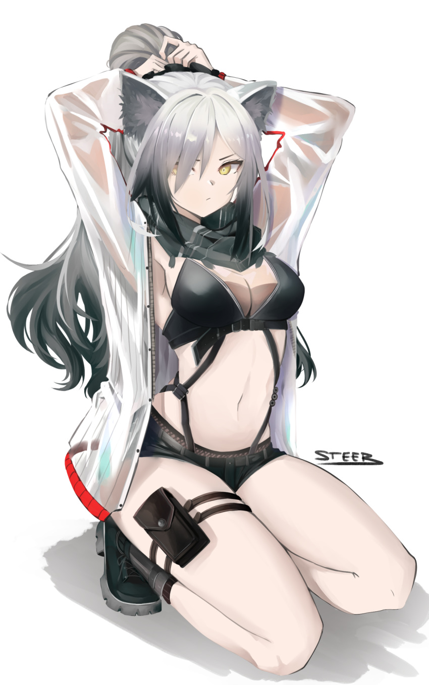 1girl animal_ear_fluff animal_ears arknights armpits arms_up bangs bare_legs black_footwear black_scarf black_shorts breasts cat_ears cleavage commentary crop_top hair_over_one_eye highres jacket long_hair long_ponytail long_sleeves looking_at_viewer medium_breasts midriff navel open_clothes open_jacket ponytail pouch scarf schwarz_(arknights) see-through seiza shadow shoes short_shorts shorts silver_hair simple_background sitting solo steeb26 stomach thigh_strap thighs white_background white_jacket yellow_eyes