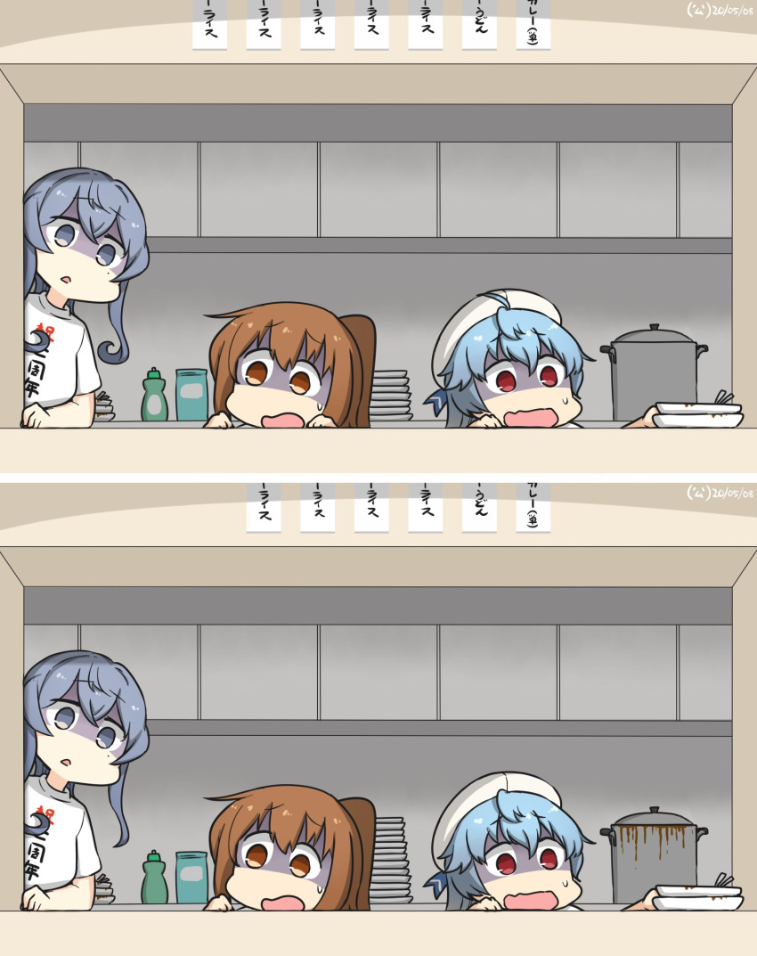 3girls alternate_costume blue_hair brown_eyes brown_hair casual clothes_writing commentary_request dated fumizuki_(kantai_collection) gotland_(kantai_collection) grey_eyes grey_hair hair_between_eyes hamu_koutarou hat high_ponytail highres indoors kantai_collection kitchen leaning_to_the_side light_blue_hair long_hair looking_away mole mole_under_eye multiple_girls ponytail red_eyes sado_(kantai_collection) sailor_hat shaded_face shirt spot_the_differences tongue translation_request wavy_hair wavy_mouth white_shirt