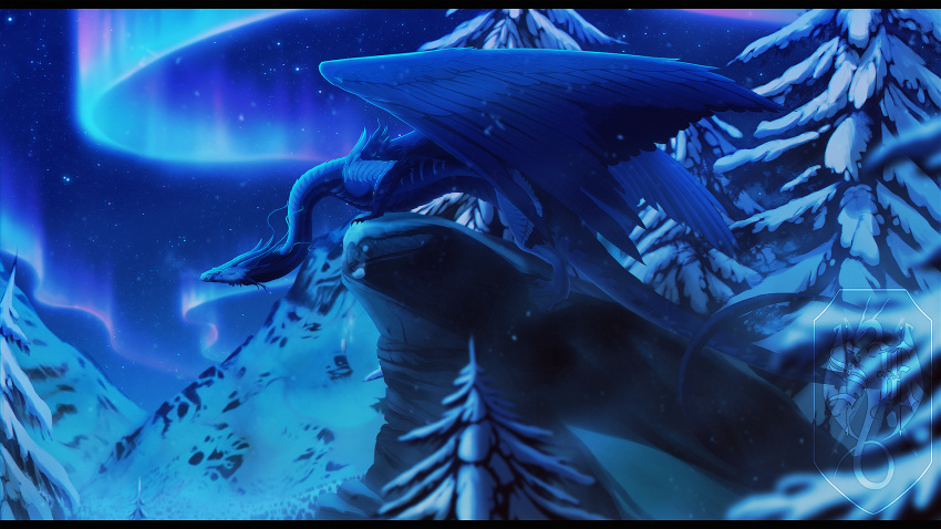 16:9 2020 black_bars blue_body blue_scales blue_theme claws detailed_background digital_media_(artwork) dragon feathered_dragon feathered_wings feathers hi_res night outside scales sinistereternity sky snow star starry_sky widescreen wings