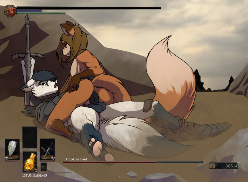 alfred_(umpherio) anal anal_penetration anthro armor balls boss_fight canid canine clothed clothing cowgirl_position dark_souls defeat defeated desert duo fox fromsoftware gameplay_mechanics genitals grin health_bar humanoid lenn_(lennfox) male male/male mammal nude on_top outdoor_sex outside partially_clothed pawpads paws penetration penis red_fox sex smile umpherio video_games