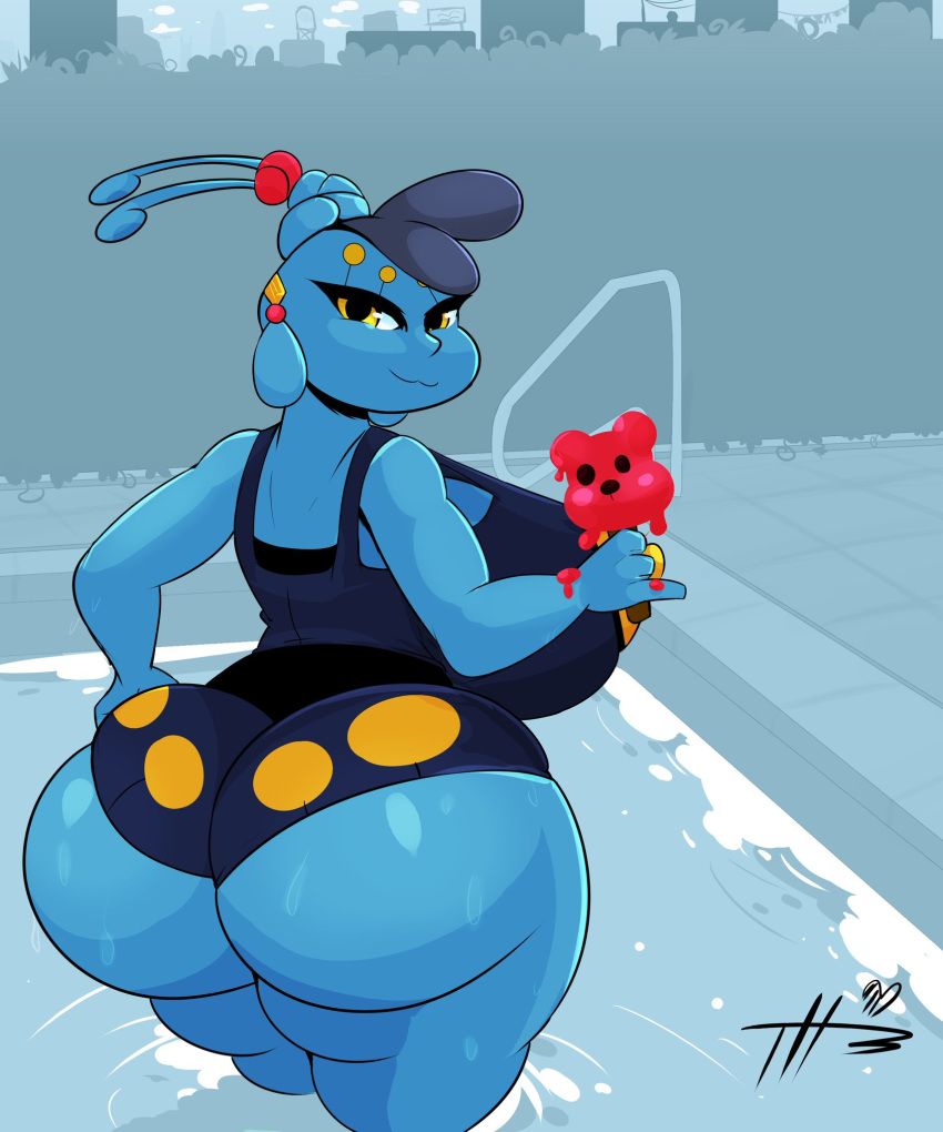 2020 anthro big_breasts big_butt blue_body breasts butt cascada_(svric) clothing curvy_figure digital_media_(artwork) eyelashes female food hand_on_hip hi_res humanoid legendary_pok&eacute;mon looking_at_viewer looking_back manaphy nintendo pok&eacute;mon pok&eacute;mon_(species) pool_(disambiguation) popsicle rear_view ring side_boob smile swimwear thehoneybutter thick_thighs video_games voluptuous water wide_hips yellow_eyes