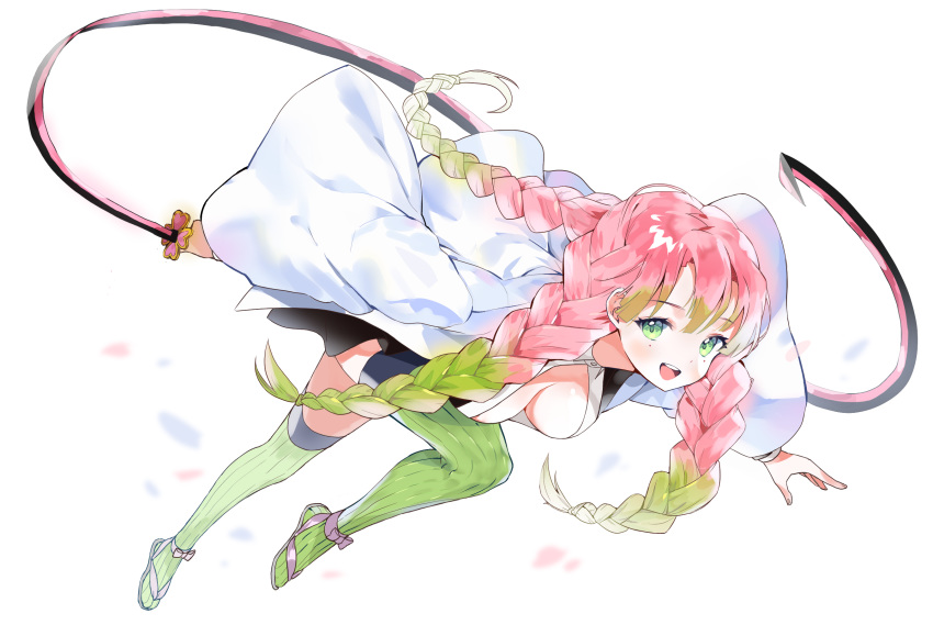 1girl :d black_skirt blush breasts cheunbyeol cleavage commentary eyebrows_visible_through_hair eyelashes full_body gakuran green_eyes green_hair green_legwear hair_between_eyes haori highres japanese_clothes jumping kanroji_mitsuri katana kimetsu_no_yaiba long_hair looking_at_viewer medium_breasts miniskirt mole mole_under_eye open_mouth outstretched_arms partially_unbuttoned pink_hair ribbed_legwear sandals school_uniform simple_background skirt smile solo sword thighhighs tri_braids uniform weapon whip_sword white_background