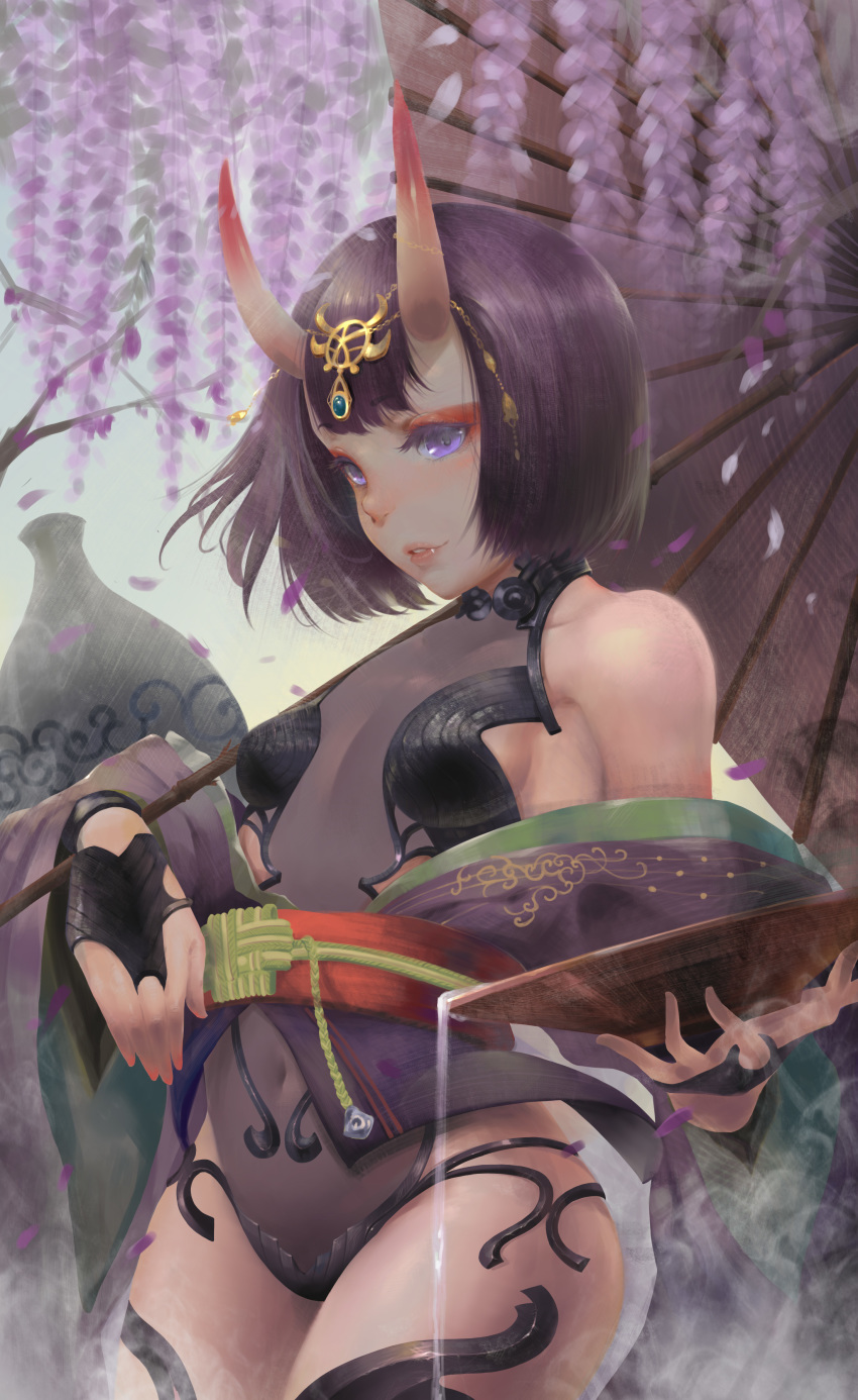 1girl absurdres adapted_costume alcohol artist_request bangs bare_shoulders blush bob_cut breasts bridal_gauntlets chain collarbone cup eyeliner fang fate/grand_order fate_(series) flower headpiece highres horns japanese_clothes jar kimono leotard long_sleeves makeup obi oni oni_horns oriental_umbrella parted_lips petals pouring purple_eyes purple_hair purple_kimono revealing_clothes sakazuki sake sash sheer_clothes short_hair short_kimono shuten_douji_(fate/grand_order) skin-covered_horns small_breasts solo umbrella wide_sleeves wisteria