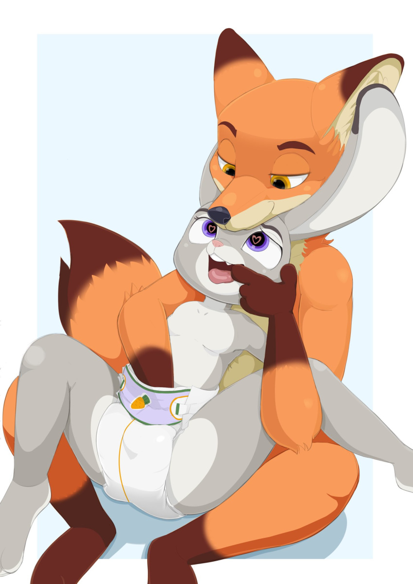 &lt;3 anthro canid canine diaper disney duo female finger_fetish finger_in_mouth finger_play fingering fingers fox hi_res interspecies judy_hopps lagomorph leporid looking_down looking_up male male/female mammal nick_wilde nyanyakotarou open_mouth penetration rabbit sitting smile teeth tongue vaginal vaginal_fingering vaginal_penetration zootopia