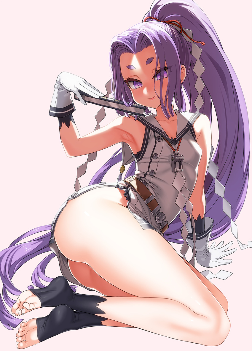 1girl arm_support armpits asanagi ass bare_legs bare_shoulders breasts closed_mouth collarbone commentary_request dress fan folding_fan gloves grey_background hair_ribbon hatsuharu_(kantai_collection) highres kantai_collection long_hair looking_at_viewer ponytail purple_eyes purple_hair remodel_(kantai_collection) ribbon sailor_dress shide short_eyebrows simple_background sitting sleeveless small_breasts smile soles solo thick_eyebrows thighs toes very_long_hair white_gloves