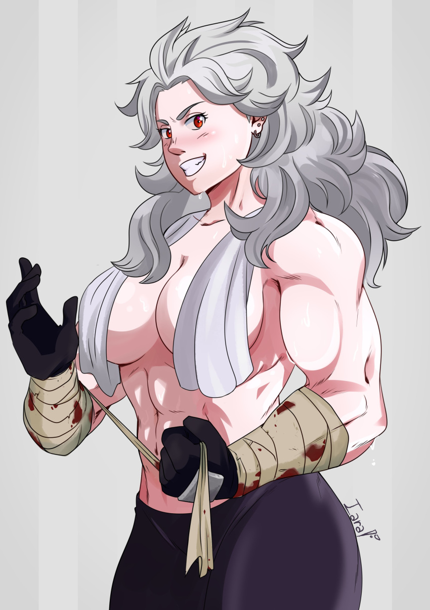 1girl abs absurdres artist_name bandages blood breasts cleavage clenched_hand collarbone commentary dorohedoro ear_piercing earrings grin hand_wraps highres iaranaika jewelry large_breasts long_hair looking_at_viewer muscle muscular_female noi_(dorohedoro) pants piercing portuguese_commentary red_eyes simple_background smile solo standing sweat sweatdrop tall tall_female teeth topless towel towel_around_neck upper_body