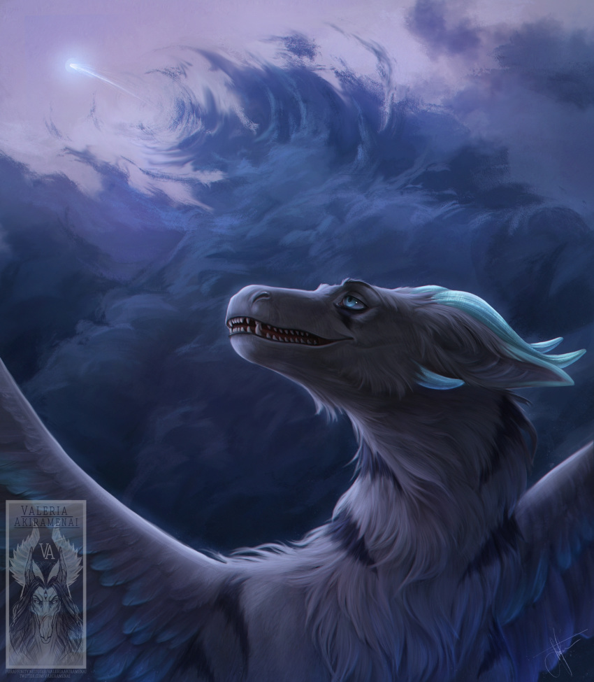 blue_eyes cloud cloudscape comet darkflamewolf dragon feathered_dragon feathers female feral fluffy fur furred_dragon hi_res horn llydia_the_fluff_dragon_(darkflamewolf) looking_up looking_upward shooting_star sky solo stripes teeth teeth_showing valeria_akiramenai