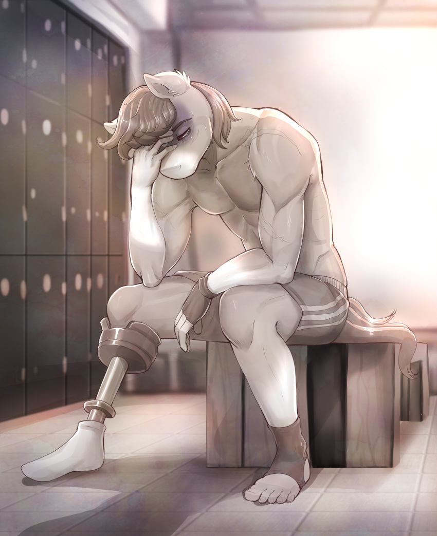 absurd_res amputee anthro barefoot bodily_fluids clothed clothing crying disability earth_pony equid equine evomanaphy fan_character feet fingerless_gloves gloves gym_shorts handwear hi_res horse humanoid_feet iron_aegis locker locker_room male mammal monochrome muscular muscular_male my_little_pony partial_nudity plantigrade pony prosthetic prosthetic_leg prosthetic_limb ptsd scar solo tears topless