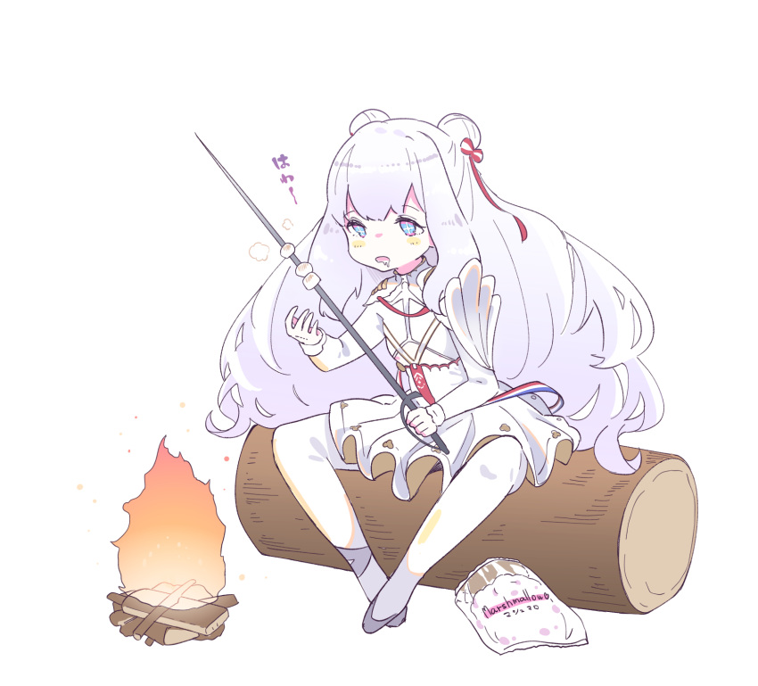 1girl azur_lane ballet_slippers blue_eyes campfire double_bun drooling fire flat_chest food full_body hair_ribbon highres hina_(bird_salty) holding holding_sword holding_weapon log long_hair long_sleeves marshmallow open_mouth pantyhose rapier ribbon saliva silver_hair sitting sitting_on_log skirt solo sword tutu very_long_hair weapon white_legwear white_skirt