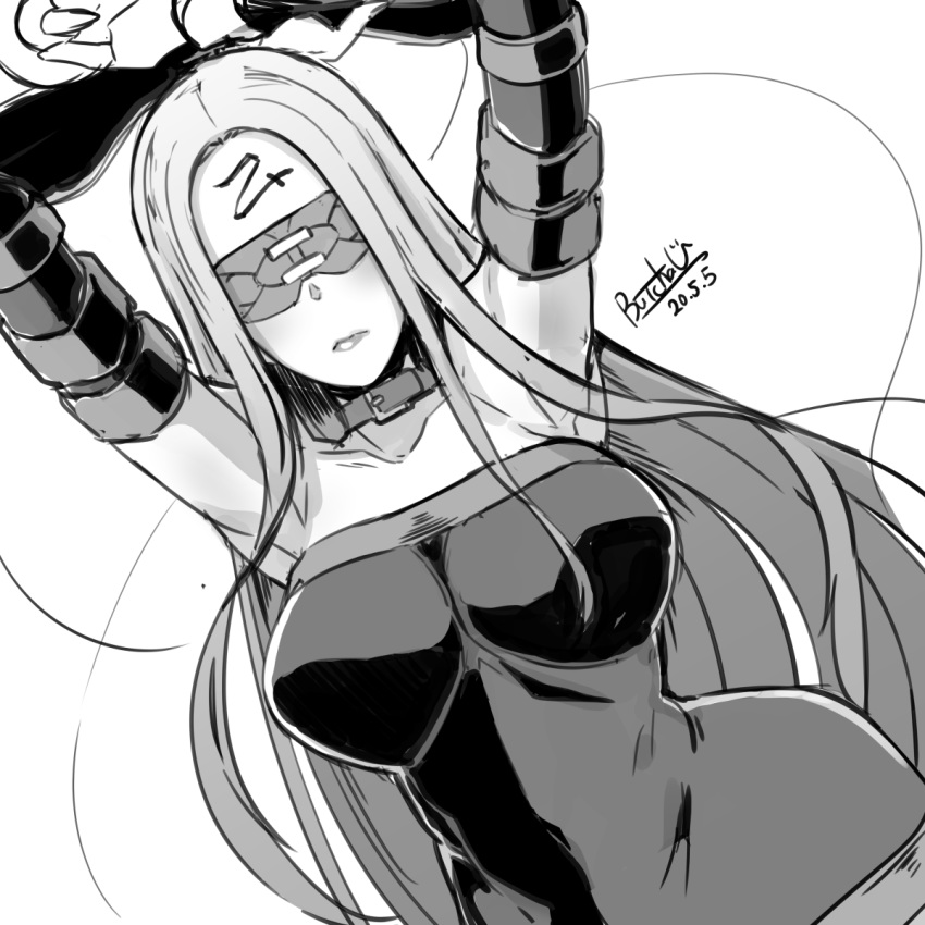 1girl armpits arms_up blindfold blush breasts butcha-u choker collar collarbone contrapposto covered_navel dated elbow_gloves facial_mark fate/stay_night fate_(series) forehead_mark gloves greyscale highres large_breasts lips long_hair monochrome nameless_dagger rider signature solo very_long_hair