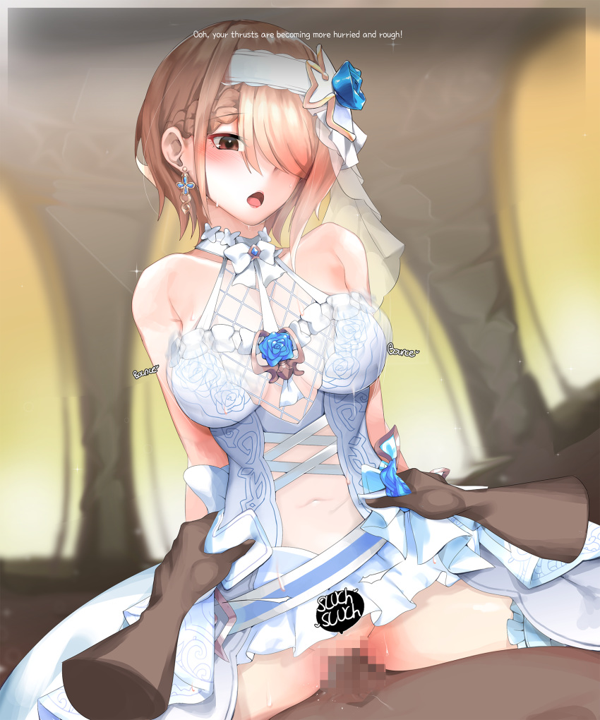 1girl :o alternate_costume blurry blurry_background blush bouncing_breasts breasts bridal_veil bride censored cowgirl_position dark_skin dark_skinned_male dress earrings english_text eyebrows_visible_through_hair eyelashes eyes_visible_through_hair flower gimnang glint hair_flower hair_ornament hair_over_one_eye hetero highres honkai_(series) honkai_impact_3rd jewelry large_breasts lips mole mole_under_eye mosaic_censoring nose open_mouth penis petals red_eyes rita_rossweisse rita_rossweisse_(vow_of_roses) sex short_hair smile solo_focus sound_effects straddling sweat sweatdrop torso_grab vaginal veil wedding_dress white_dress