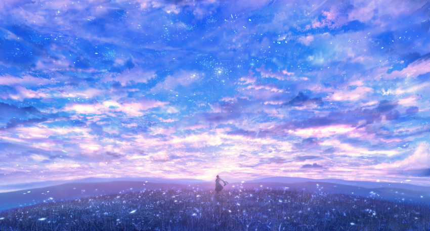 1girl ahoge backlighting capelet cloud cloudy_sky colorful dark dress fantasy field grass highres horizon landscape leaf light_particles long_hair looking_afar low-tied_long_hair original outdoors sakimori_(hououbds) scenery silhouette sky solo sunlight twilight wind