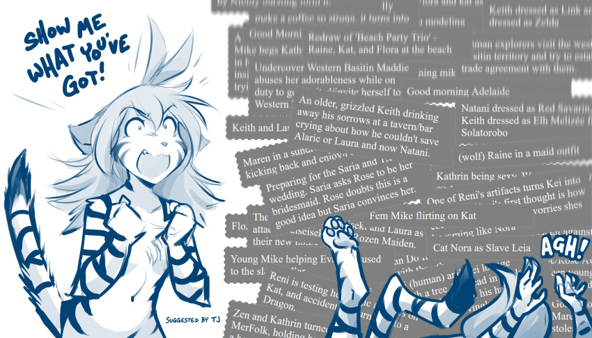 2020 7:4 angry anthro arm_tuft breaking_the_fourth_wall breasts casual_nudity cheek_tuft chest_tuft conditional_dnp convenient_censorship dialogue digitigrade elbow_tufts english_text facial_tuft falling felid female flora_(twokinds) fur hi_res humor keidran mammal monochrome navel nude pantherine pawpads simple_background sketch small_breasts solo striped_body striped_fur stripes text tiger tom_fischbach tuft twokinds wall_of_text webcomic white_background yelling