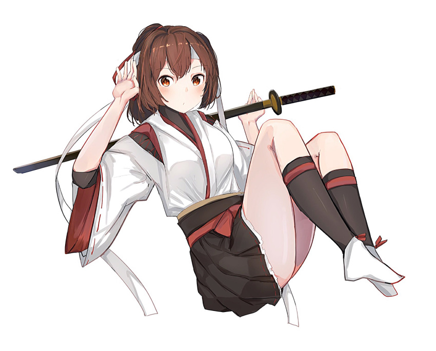 1girl black_legwear black_skirt blush breasts brown_eyes brown_hair hachimaki hair_ribbon headband highres ise_(kantai_collection) kantai_collection katana large_breasts looking_at_viewer nanana_(sp6z7fa9) nontraditional_miko pleated_skirt ponytail red_ribbon remodel_(kantai_collection) ribbon sheath sheathed short_hair simple_background skin_tight skirt solo sword sword_behind_back undershirt weapon white_background white_headband