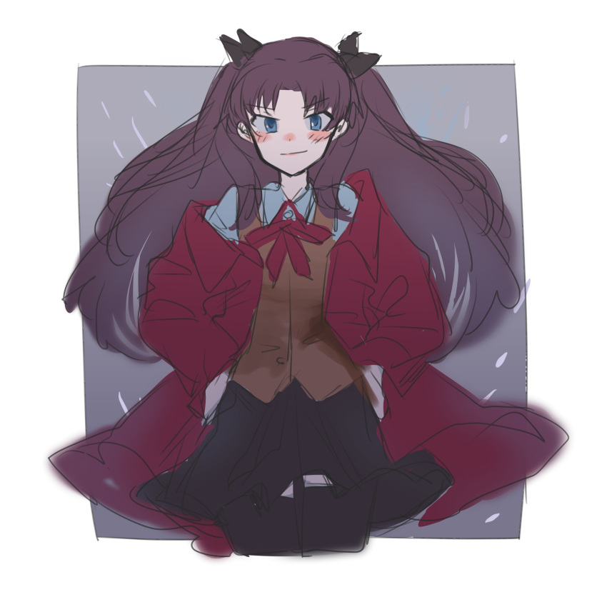 &gt;:) 1girl aaru_(kerogero1582) black_backpack black_bow blue_eyes blush border bow brown_hair coat cropped_legs fate_(series) hair_bow hands_on_hips highres homurahara_academy_uniform looking_at_viewer neck_ribbon red_coat ribbon sketch smile solo toosaka_rin twintails white_border