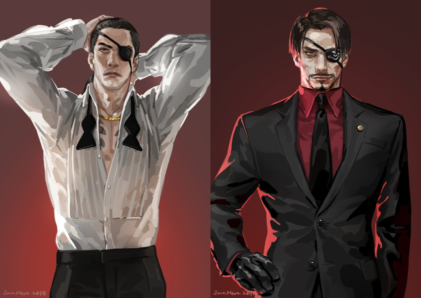 2018 2boys arms_behind_head bandages black_hair black_pants dress_shirt eyebrows eyepatch facial_hair formal highres jane_mere jewelry looking_at_viewer majima_gorou male_focus multiple_boys necklace older pants red_background red_eyes ryuu_ga_gotoku ryuu_ga_gotoku_0 ryuu_ga_gotoku_5 shirt short_hair simple_background suit tied_hair younger