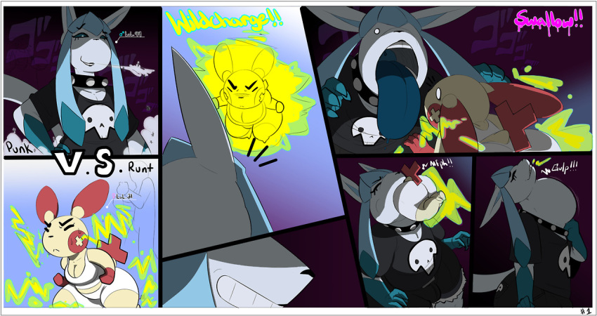 anthro big_breasts breasts cleavage clothed clothing collar comic dongwongtang duo eeveelution female female_prey fight girly glaceon goth larger_male long_tongue male male/female male_pred neck_bulge nintendo open_mouth oral_vore plusle pok&eacute;mon pok&eacute;mon_(species) punk_(dongwongtang) short_stack size_difference smaller_female spiked_collar spikes swallowing thick_thighs tongue video_games vore wide_hips
