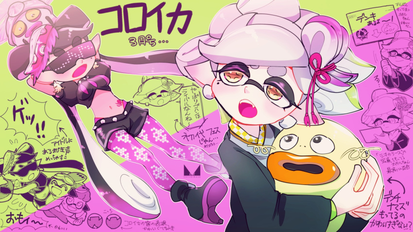 +_+ 2girls :d ^_^ ankle_boots aori_(splatoon) artist_logo black_footwear black_hair black_jacket black_shorts boots brown_eyes chichi_band closed_eyes closed_mouth commentary_request cousins crop_top denchinamazu domino_mask earrings eyebrows_visible_through_hair fang flying_sweatdrops food food_on_head frown gradient_hair green_background green_hair grey_hair grey_kimono half-closed_eyes haori headgear high_heel_boots high_heels holding holding_sign hotaru_(splatoon) inkling jacket japanese_clothes jewelry kimono long_hair long_sleeves looking_at_another looking_back mask mole mole_under_eye multicolored_hair multiple_girls obi object_on_head octarian open_mouth pantyhose pointy_ears puffy_short_sleeves puffy_sleeves purple_background purple_hair purple_legwear sash short_hair short_shorts short_sleeves shorts sign smile spiked_belt splatoon_(series) splatoon_2 squidbeak_splatoon standing standing_on_one_leg sunglasses sushi sweatdrop tako-san_wiener tentacle_hair tied_hair topknot translation_request two-tone_background very_long_hair wide_sleeves