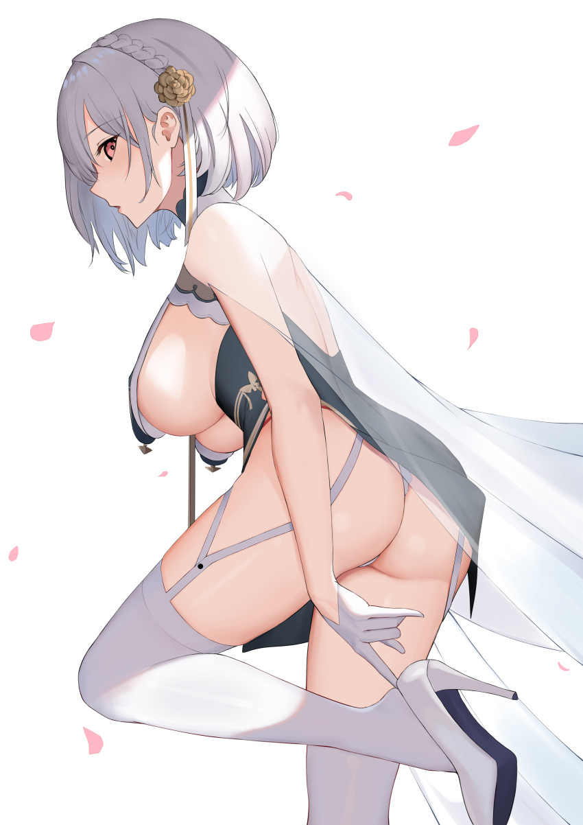 1girl absurdres ass azur_lane bangs blush braid breast_curtains breasts china_dress chinese_clothes dress flower garter_straps gloves grey_dress hair_flower hair_ornament half_gloves high_heels highres large_breasts liangfen232 looking_at_viewer open_mouth panties pelvic_curtain red_eyes revealing_clothes sheer_clothes short_hair side_braid sideboob simple_background sirius_(azur_lane) sirius_(azure_horizons)_(azur_lane) solo thighhighs thighs underwear white_background white_footwear white_gloves white_hair white_legwear white_panties