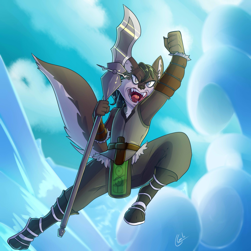 2020 absurd_res anthro battlecry canid canine canis cloud digital_media_(artwork) fist galo hi_res invalid_color invalid_tag jumping male mammal melee_weapon polearm sky spear water wave weapon wolf ych_(character)