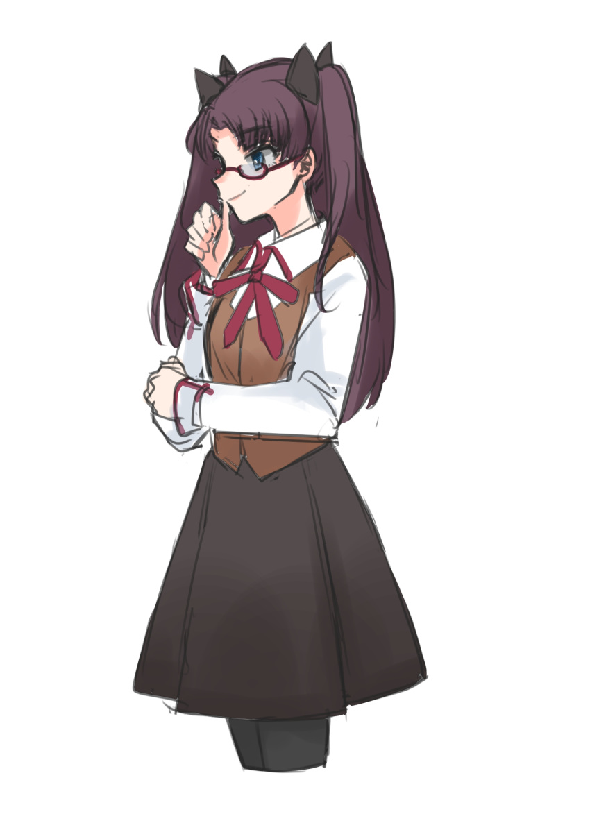 1girl aaru_(kerogero1582) black_bow bow brown_skirt brown_vest cropped_legs fate/stay_night fate_(series) green_eyes hair_bow highres homurahara_academy_uniform semi-rimless_eyewear skirt smile solo thighhighs toosaka_rin twintails vest white_background