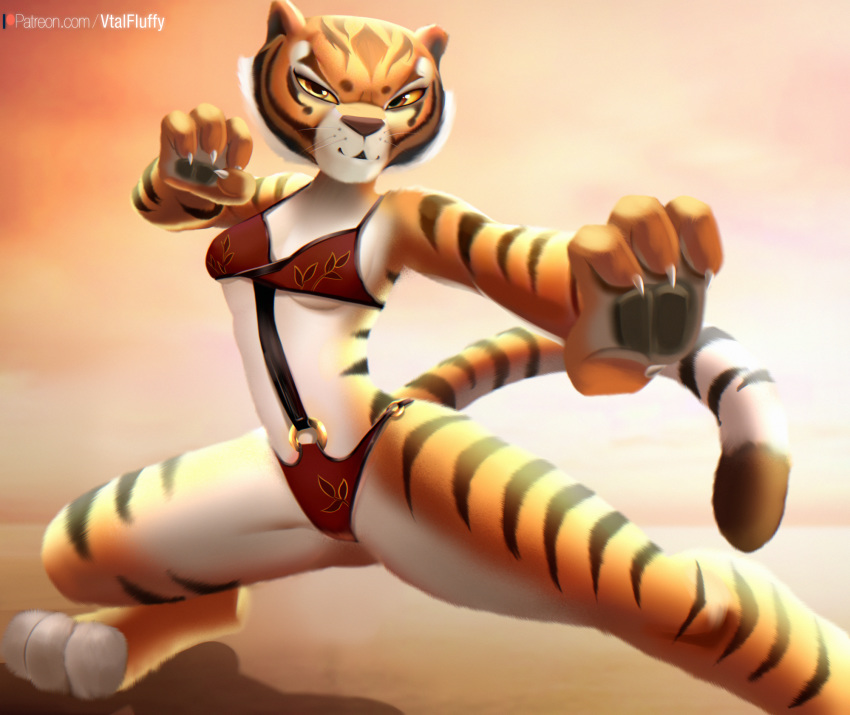 2020 anthro bikini breasts clothing dreamworks felid female hi_res kung_fu_panda mammal master_tigress pantherine small_breasts solo swimwear tiger under_boob v-tal