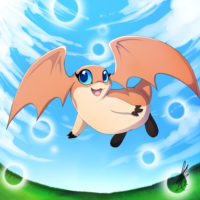 2018 ambiguous_gender bat_wings blue_eyes bubble cloud digimon digimon_(species) fangs feral fingers flying grass head_wings hi_res membrane_(anatomy) membranous_wings open_mouth open_smile orange_body patamon shikaro signature sky smile wings