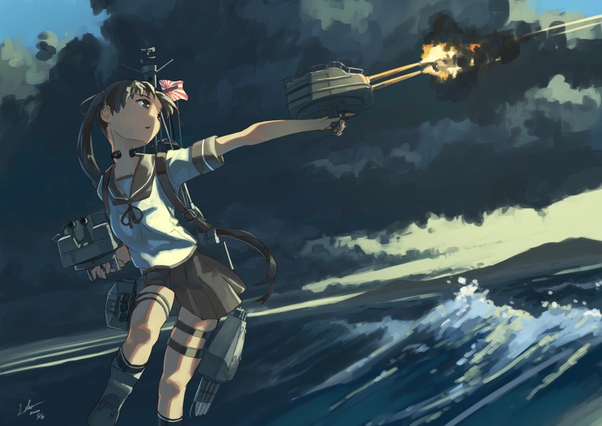 1girl absurdres aiming ayanami_(kantai_collection) blurry brown_eyes brown_hair cloud dark dated depth_of_field dutch_angle firing flag highres hill kantai_collection kneehighs long_hair looking_to_the_side ocean open_mouth outstretched_arm pleated_skirt rising_sun school_uniform serafuku side_ponytail signature skirt sky solo sunburst sunlight thigh_strap throat_microphone turret utachy water waving