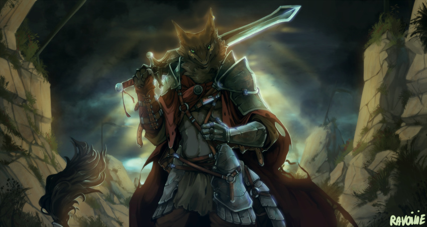 2020 brown_body brown_fur day detailed_background digital_media_(artwork) fingers fur hi_res holding_object holding_sword holding_weapon male melee_weapon outside ravoilie sergal sky solo standing sword weapon