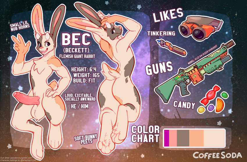 2019 4_toes absurd_res balls beckett_(shayhop) butt coffeesoda domestic_rabbit english_text flemish_giant fur genitals hi_res lagomorph leporid long_ears male mammal model_sheet multicolored_body multicolored_fur nude oryctolagus pencilbrony penis pink_body pink_nose pink_penis pink_skin rabbit signature solo spots spotted_body spotted_fur tan_balls text toes