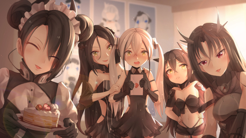 5girls absurdres agent_(girls_frontline) black_hair blush breasts cake cleavage closed_eyes destroyer_(girls_frontline) double_bun dreamer_(girls_frontline) dress executioner_(girls_frontline) food girls_frontline highlights highres hk416_(girls_frontline) judge_(girls_frontline) long_hair looking_at_viewer love_letter medium_breasts medium_hair multicolored_hair multiple_girls navel pale_skin poster_(object) red_eyes sangvis_ferri sidelocks twintails user_prkg2843 very_long_hair yellow_eyes