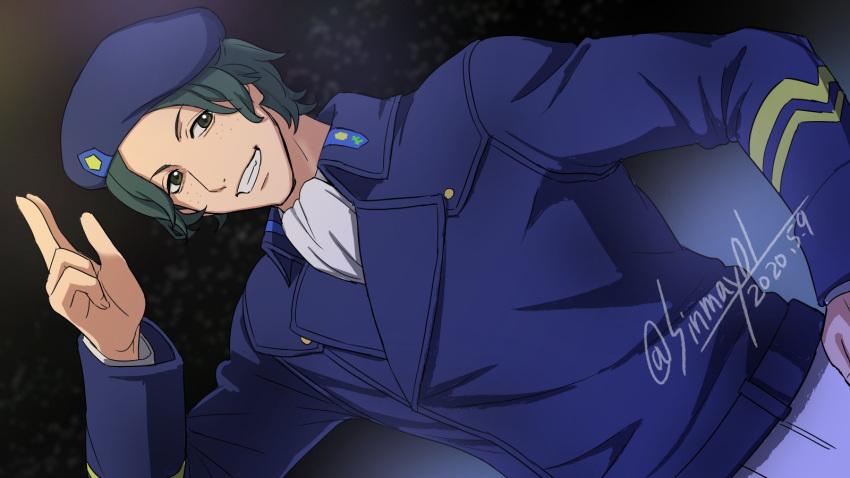 1boy beret blue_headwear dated dusty_attenborough ginga_eiyuu_densetsu green_eyes green_hair hat highres male_focus military military_uniform shinmai_(kyata) smile solo twitter_username uniform