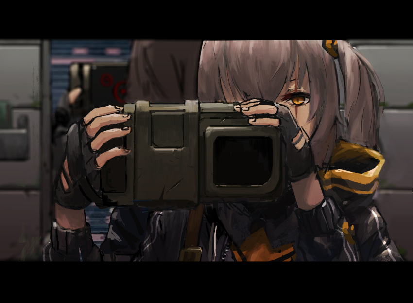 1girl bangs black_gloves black_jacket brown_hair camera fingerless_gloves from_behind girls_frontline gloves hair_ornament highres holding hood hooded_jacket jacket long_hair looking_at_viewer mirror one_eye_covered rainbow_six_siege scar scar_across_eye side_ponytail solo ump45_(girls_frontline) wall xufei_(qrbqrb) yellow_eyes